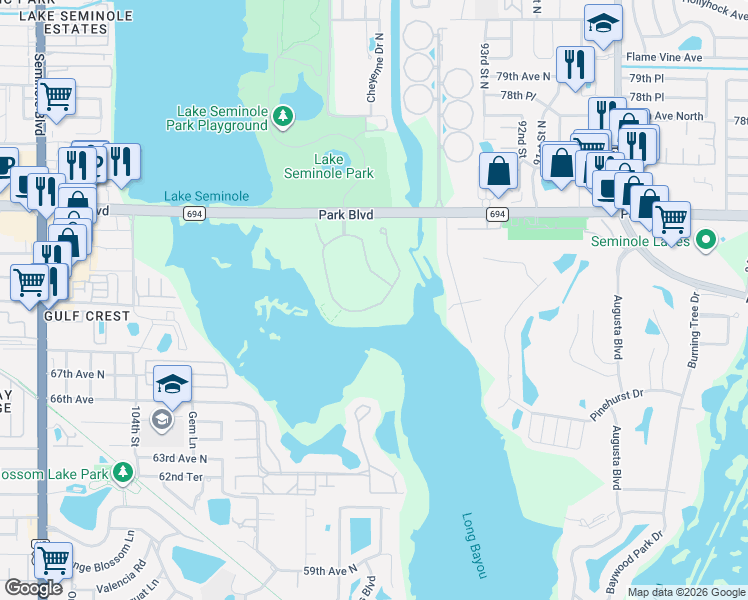 map of restaurants, bars, coffee shops, grocery stores, and more near 9939 Key Haven Road in Seminole