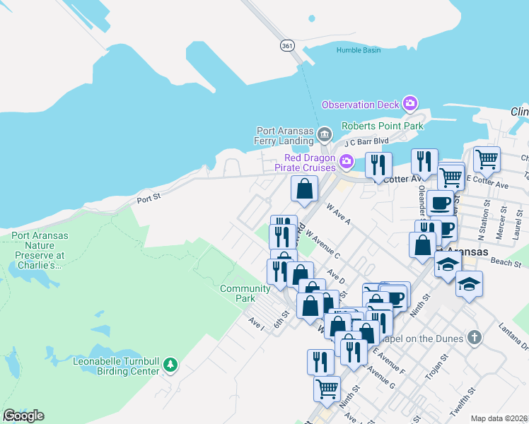 map of restaurants, bars, coffee shops, grocery stores, and more near 230 Cut-Off Road in Port Aransas