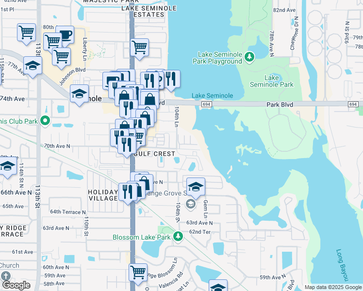 map of restaurants, bars, coffee shops, grocery stores, and more near 10285 Addison Way in Seminole