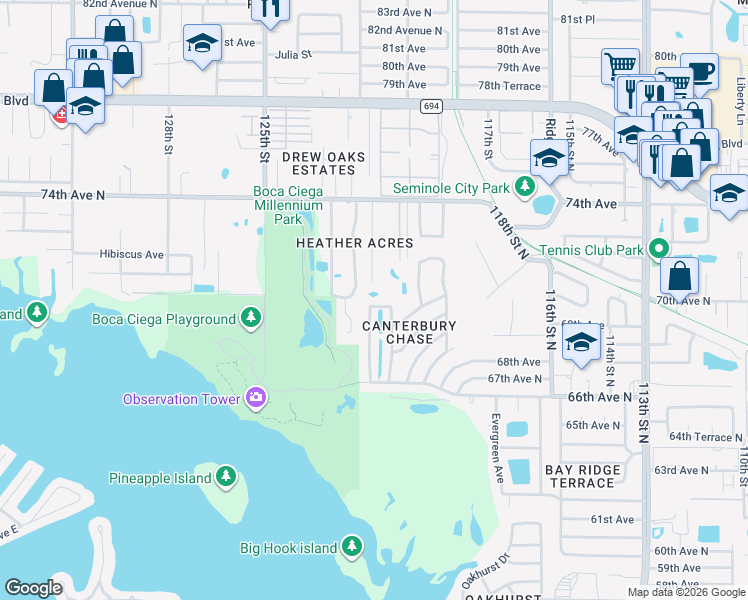 map of restaurants, bars, coffee shops, grocery stores, and more near 6918 122nd Street North in Seminole