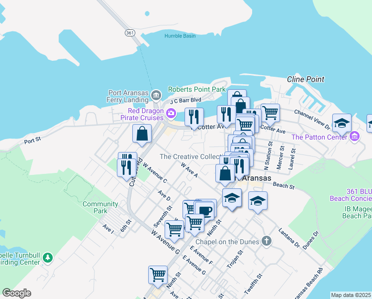 map of restaurants, bars, coffee shops, grocery stores, and more near 515 West Farley Avenue in Port Aransas