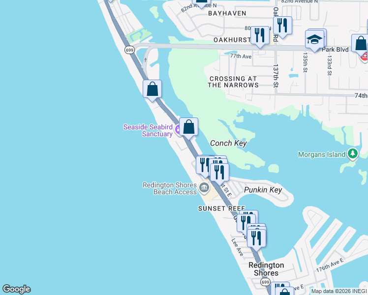 map of restaurants, bars, coffee shops, grocery stores, and more near 18304 Gulf Boulevard in Redington Shores