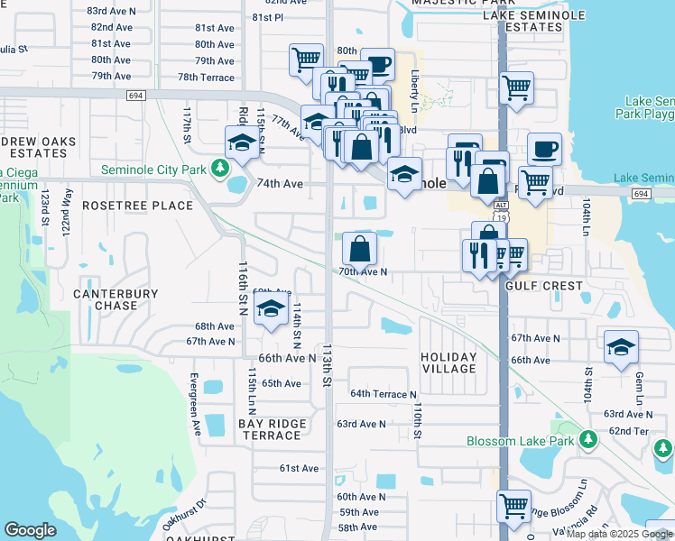 map of restaurants, bars, coffee shops, grocery stores, and more near 11299 70th Avenue North in Seminole