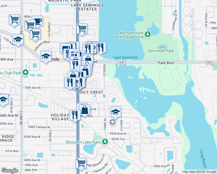 map of restaurants, bars, coffee shops, grocery stores, and more near 10285 Addison Way in Seminole