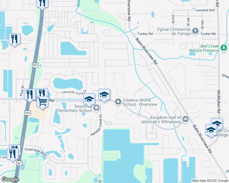 map of restaurants, bars, coffee shops, grocery stores, and more near 11339 Coconut Island Drive in Riverview