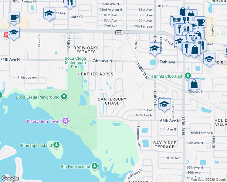 map of restaurants, bars, coffee shops, grocery stores, and more near 7006 120th Street in Seminole