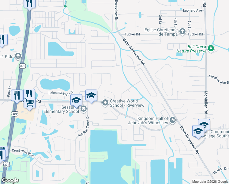 map of restaurants, bars, coffee shops, grocery stores, and more near 11315 Coconut Island Drive in Riverview