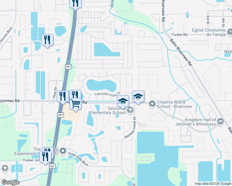 map of restaurants, bars, coffee shops, grocery stores, and more near 11304 Crane Lake Court in Riverview