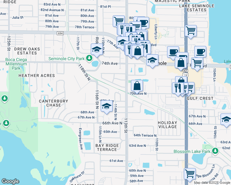 map of restaurants, bars, coffee shops, grocery stores, and more near 70th Avenue North in Seminole
