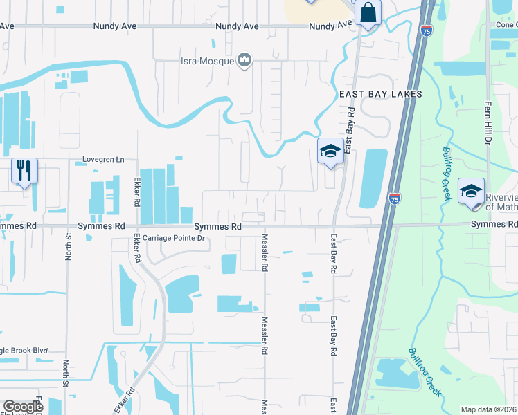 map of restaurants, bars, coffee shops, grocery stores, and more near 11325 Bacall Lane in Gibsonton
