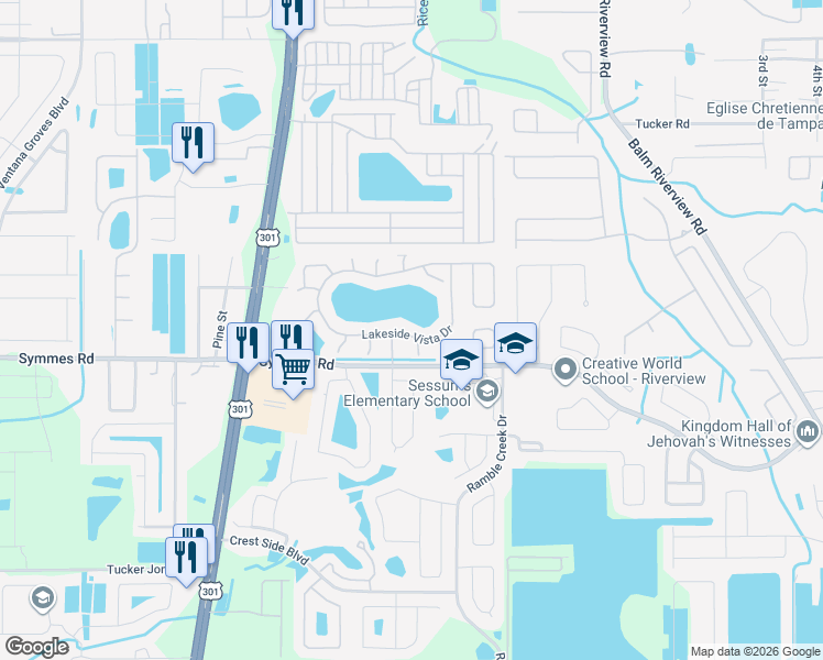 map of restaurants, bars, coffee shops, grocery stores, and more near 11010 Lakeside Vista Drive in Riverview