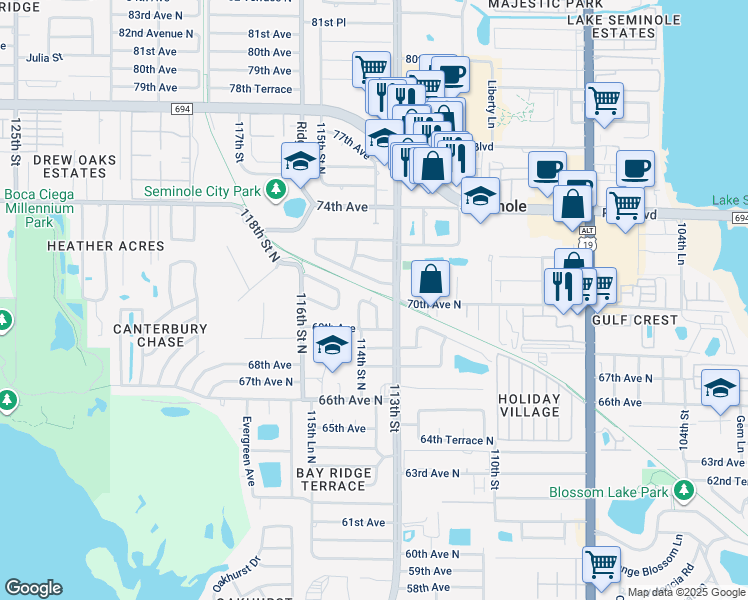 map of restaurants, bars, coffee shops, grocery stores, and more near 11401 69th Avenue in Seminole