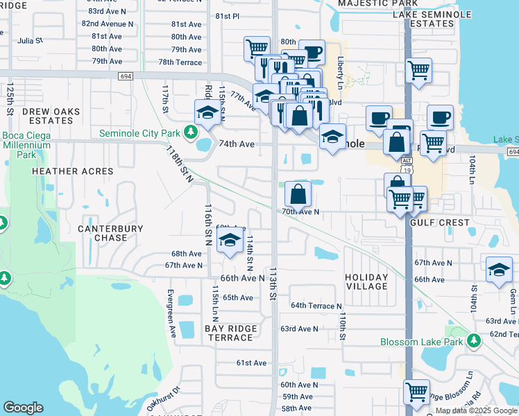 map of restaurants, bars, coffee shops, grocery stores, and more near 11401 69th Avenue in Seminole