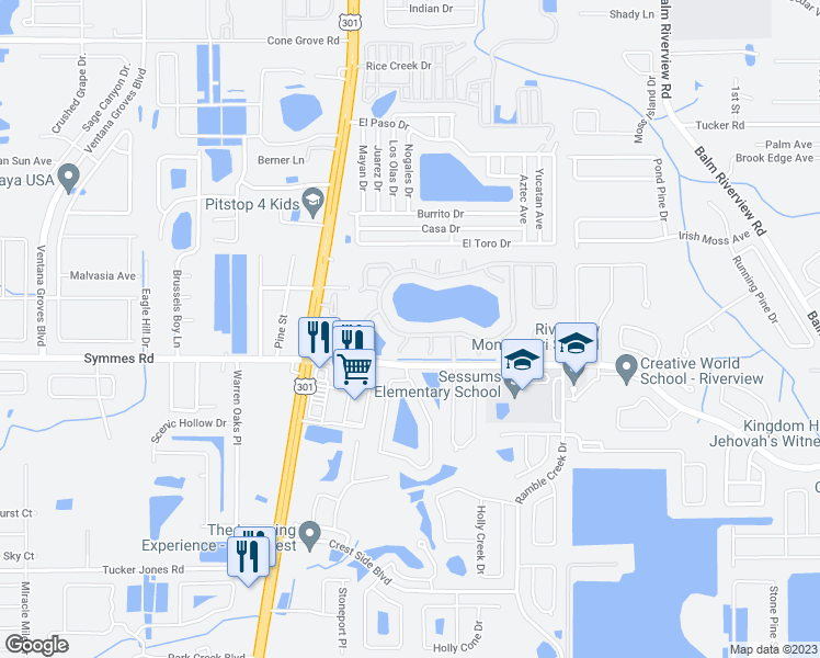 map of restaurants, bars, coffee shops, grocery stores, and more near 10902 Lakeside Vista Drive in Riverview