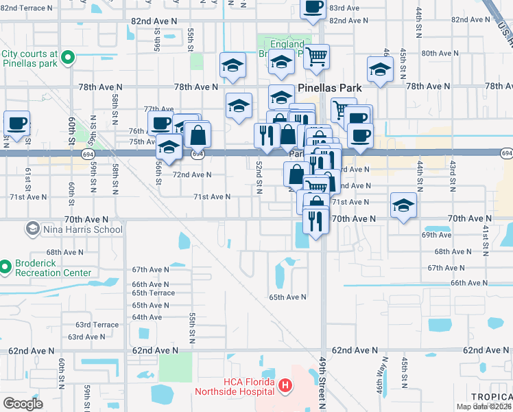 map of restaurants, bars, coffee shops, grocery stores, and more near 7101 52nd Way North in Pinellas Park