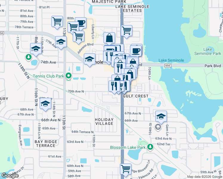 map of restaurants, bars, coffee shops, grocery stores, and more near 10755 71st Avenue in Seminole