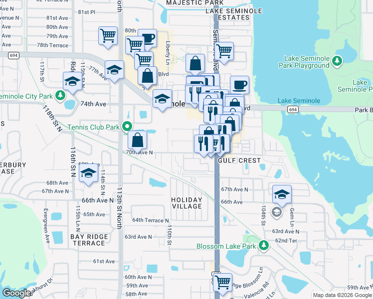 map of restaurants, bars, coffee shops, grocery stores, and more near 10875 71st Avenue in Seminole