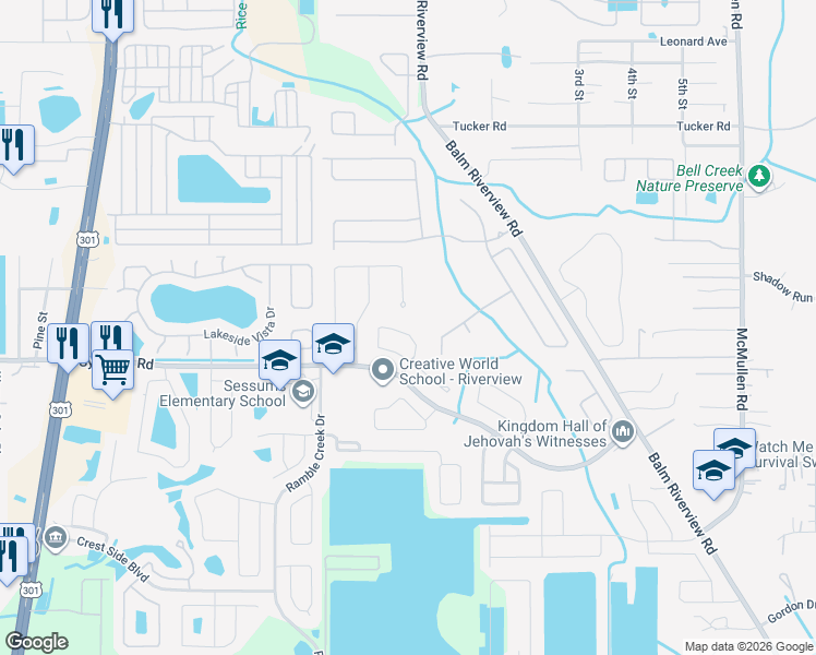 map of restaurants, bars, coffee shops, grocery stores, and more near 11319 Coconut Island Drive in Riverview