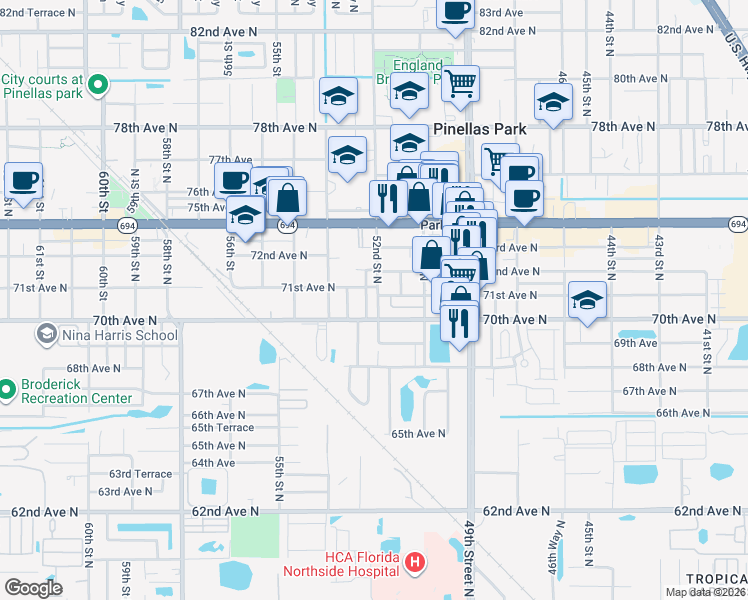 map of restaurants, bars, coffee shops, grocery stores, and more near 7101 52nd Way North in Pinellas Park