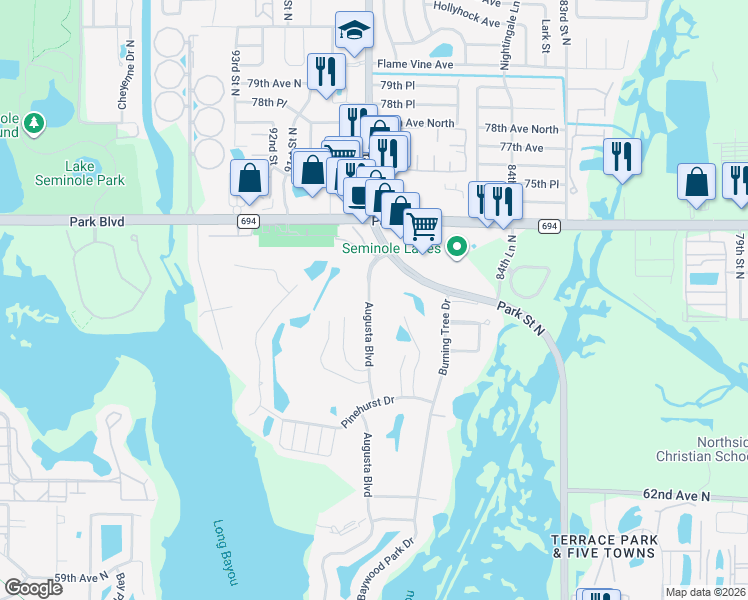 map of restaurants, bars, coffee shops, grocery stores, and more near 7132 Augusta Boulevard in Seminole