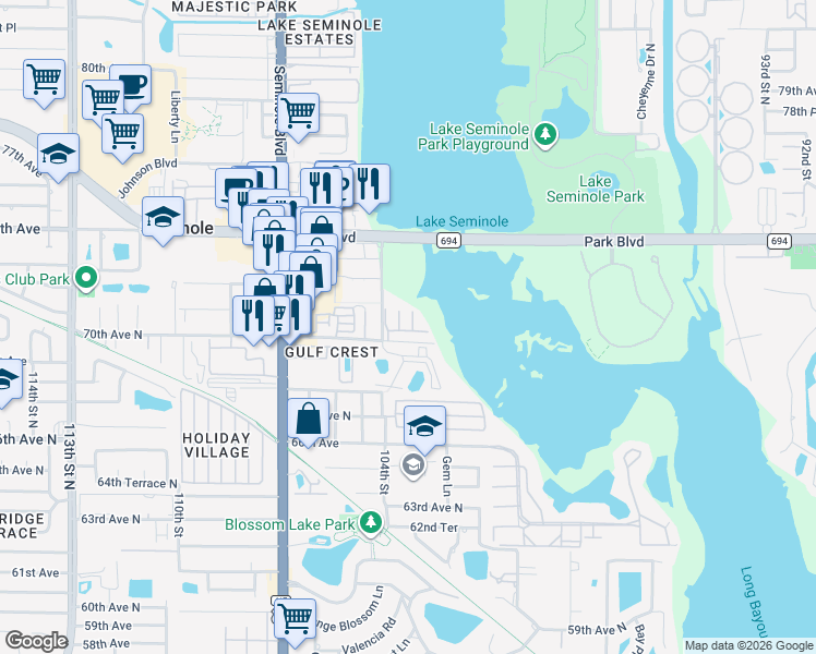 map of restaurants, bars, coffee shops, grocery stores, and more near 7245 101st Lane in Seminole