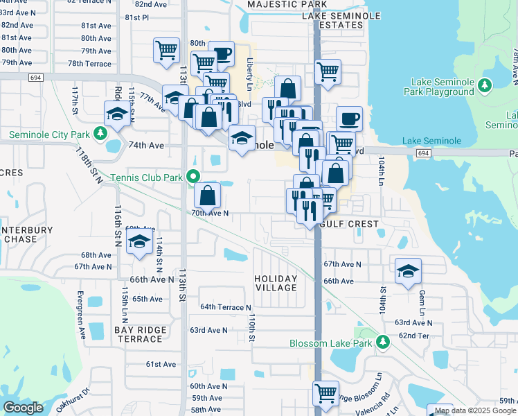 map of restaurants, bars, coffee shops, grocery stores, and more near 10995 71st Avenue in Seminole