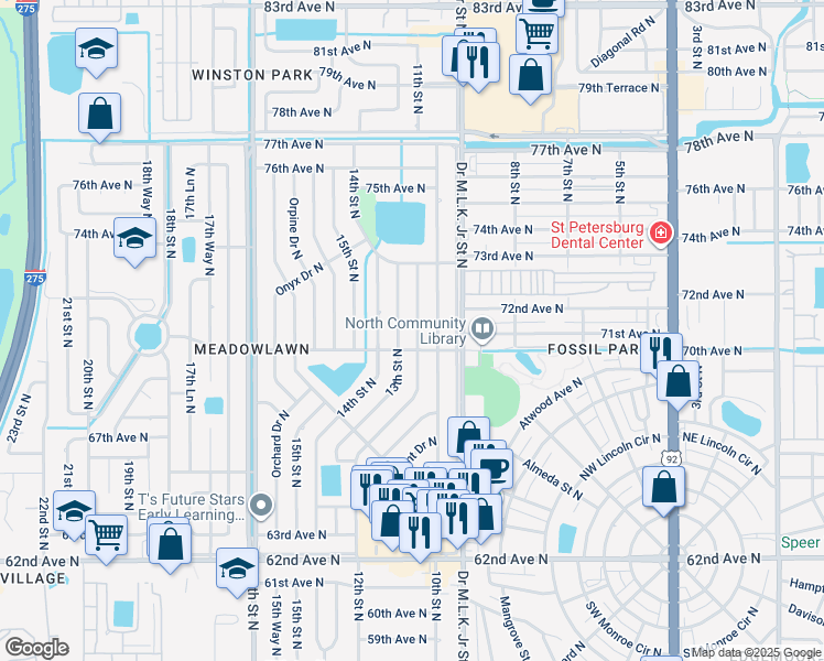 map of restaurants, bars, coffee shops, grocery stores, and more near 7127 12th Street North in St. Petersburg
