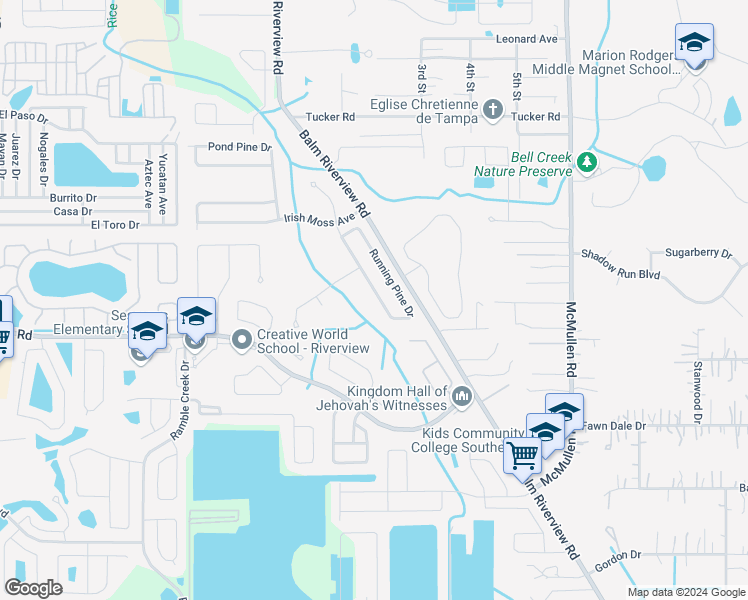 map of restaurants, bars, coffee shops, grocery stores, and more near 11145 Running Pine Drive in Riverview