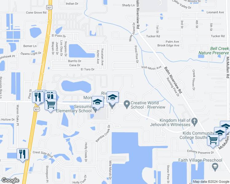 map of restaurants, bars, coffee shops, grocery stores, and more near 11360 Cocoa Beach Drive in Riverview
