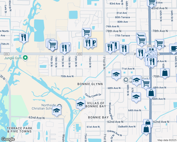 map of restaurants, bars, coffee shops, grocery stores, and more near 7180 73rd Street North in Pinellas Park