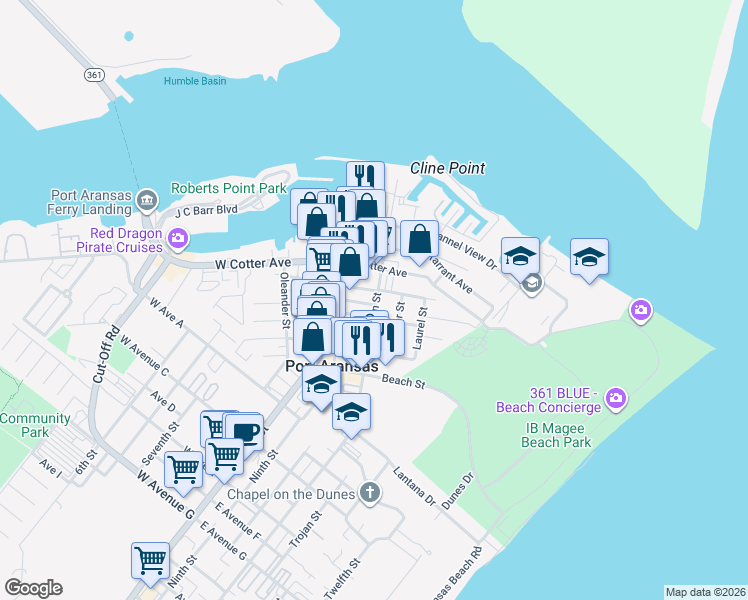 map of restaurants, bars, coffee shops, grocery stores, and more near 300 East White Avenue in Port Aransas