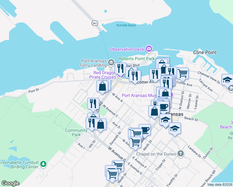 map of restaurants, bars, coffee shops, grocery stores, and more near 710 West Avenue A in Port Aransas