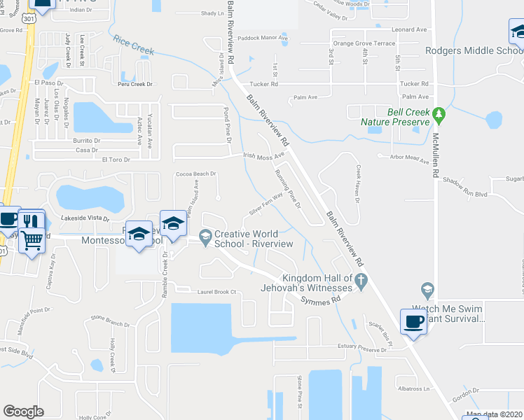 map of restaurants, bars, coffee shops, grocery stores, and more near 11302 Lady Fern Place in Riverview