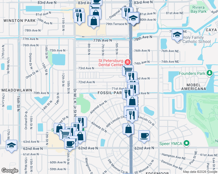 map of restaurants, bars, coffee shops, grocery stores, and more near 704 72nd Avenue North in St. Petersburg
