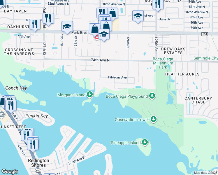 map of restaurants, bars, coffee shops, grocery stores, and more near 12920 Poinsettia Avenue in Seminole