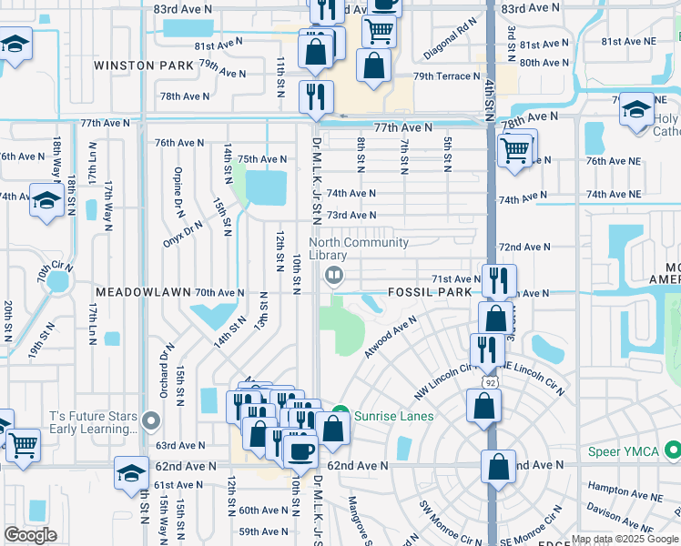 map of restaurants, bars, coffee shops, grocery stores, and more near 832 72nd Avenue North in St. Petersburg