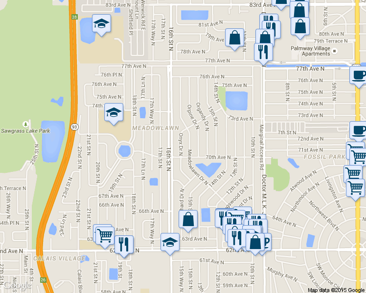 map of restaurants, bars, coffee shops, grocery stores, and more near 7128 Onyx Drive North in St. Petersburg