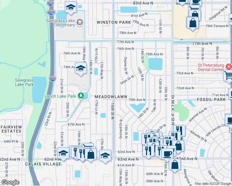 map of restaurants, bars, coffee shops, grocery stores, and more near 7128 Onyx Drive North in St. Petersburg