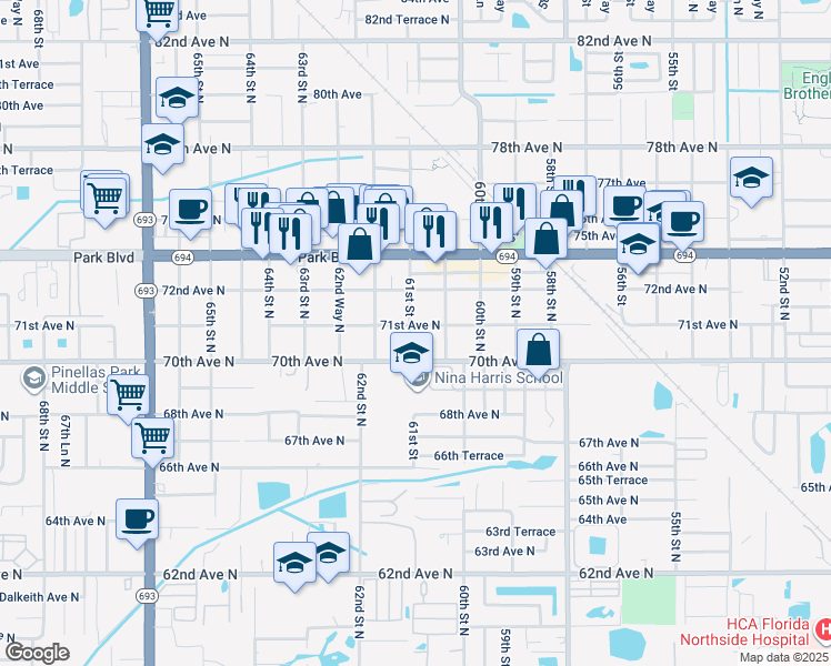 map of restaurants, bars, coffee shops, grocery stores, and more near 7114 60th Way North in Pinellas Park