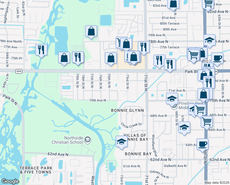 map of restaurants, bars, coffee shops, grocery stores, and more near 7430 71st Avenue North in Pinellas Park