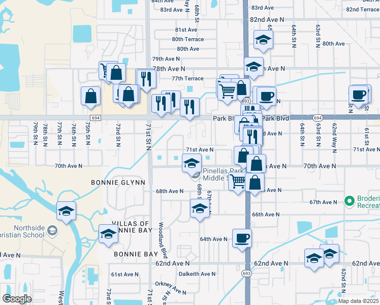 map of restaurants, bars, coffee shops, grocery stores, and more near 6830 71st Avenue North in Pinellas Park