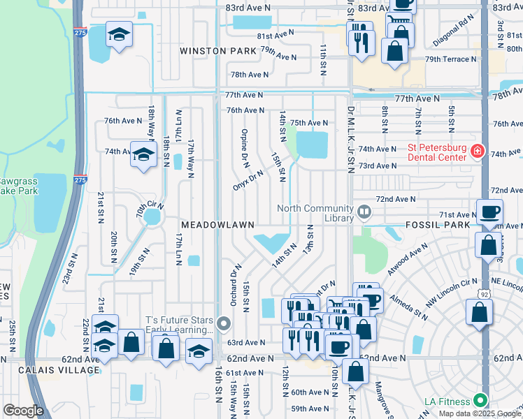 map of restaurants, bars, coffee shops, grocery stores, and more near 7130 Orpine Drive North in St. Petersburg