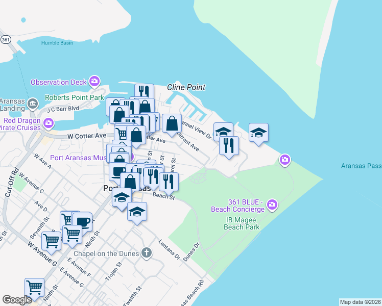 map of restaurants, bars, coffee shops, grocery stores, and more near 630 Center Square West in Port Aransas