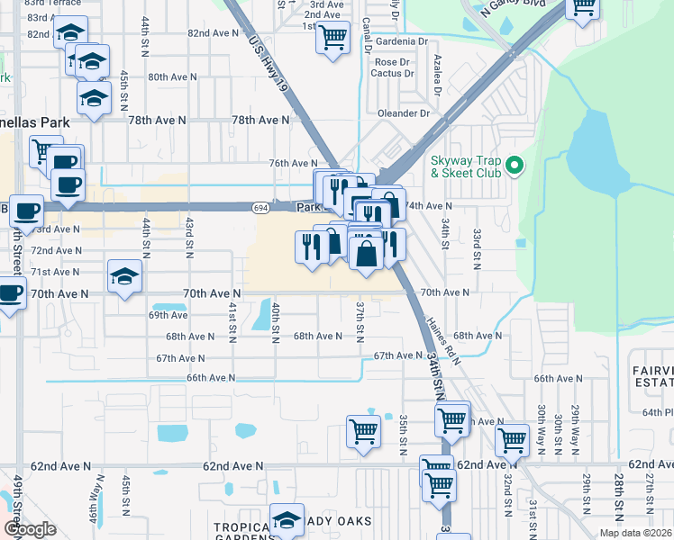 map of restaurants, bars, coffee shops, grocery stores, and more near 7400 US Highway 19 North in Pinellas Park