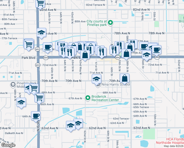 map of restaurants, bars, coffee shops, grocery stores, and more near 6160 71st Avenue North in Pinellas Park