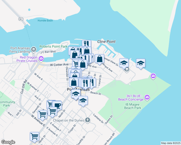 map of restaurants, bars, coffee shops, grocery stores, and more near 300 East White Avenue in Port Aransas