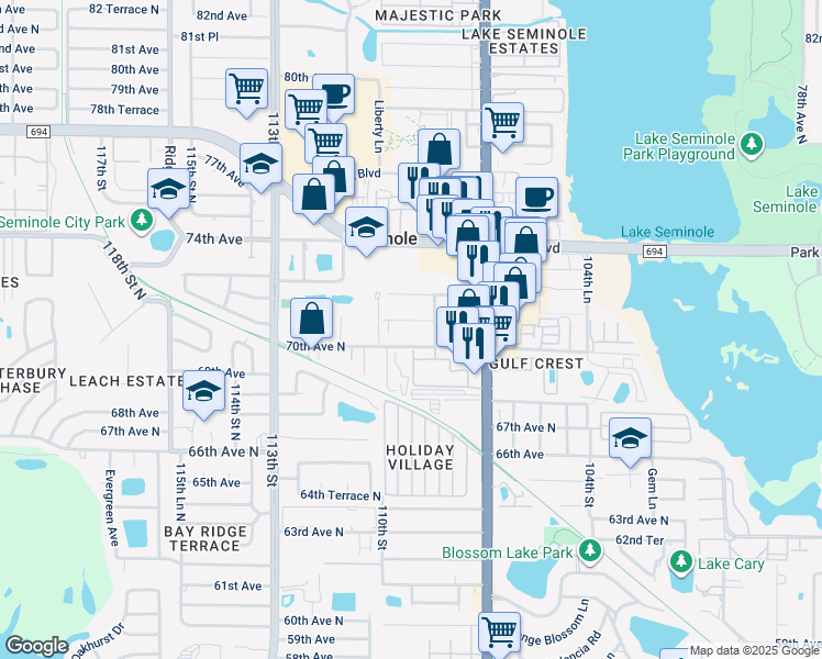 map of restaurants, bars, coffee shops, grocery stores, and more near 10875 71st Avenue in Seminole