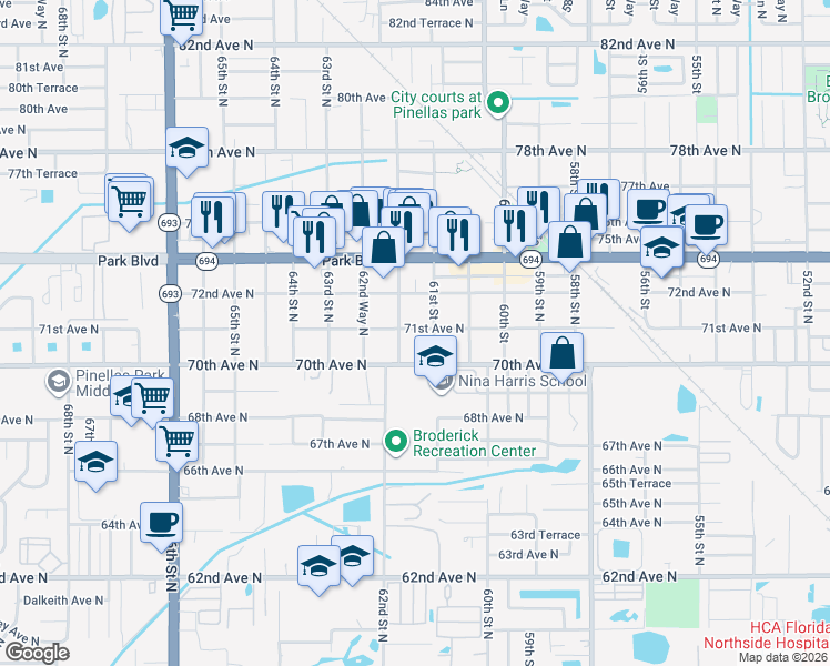 map of restaurants, bars, coffee shops, grocery stores, and more near 6160 71st Avenue North in Pinellas Park