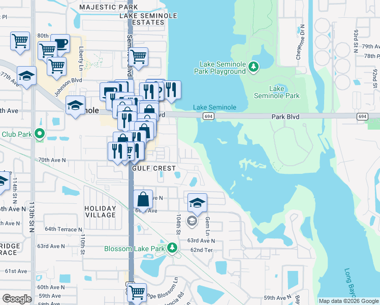 map of restaurants, bars, coffee shops, grocery stores, and more near 7209 101st Lane in Seminole