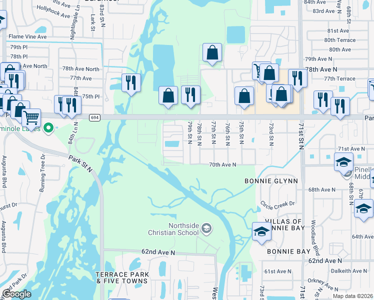 map of restaurants, bars, coffee shops, grocery stores, and more near 7170 78th Street North in Pinellas Park